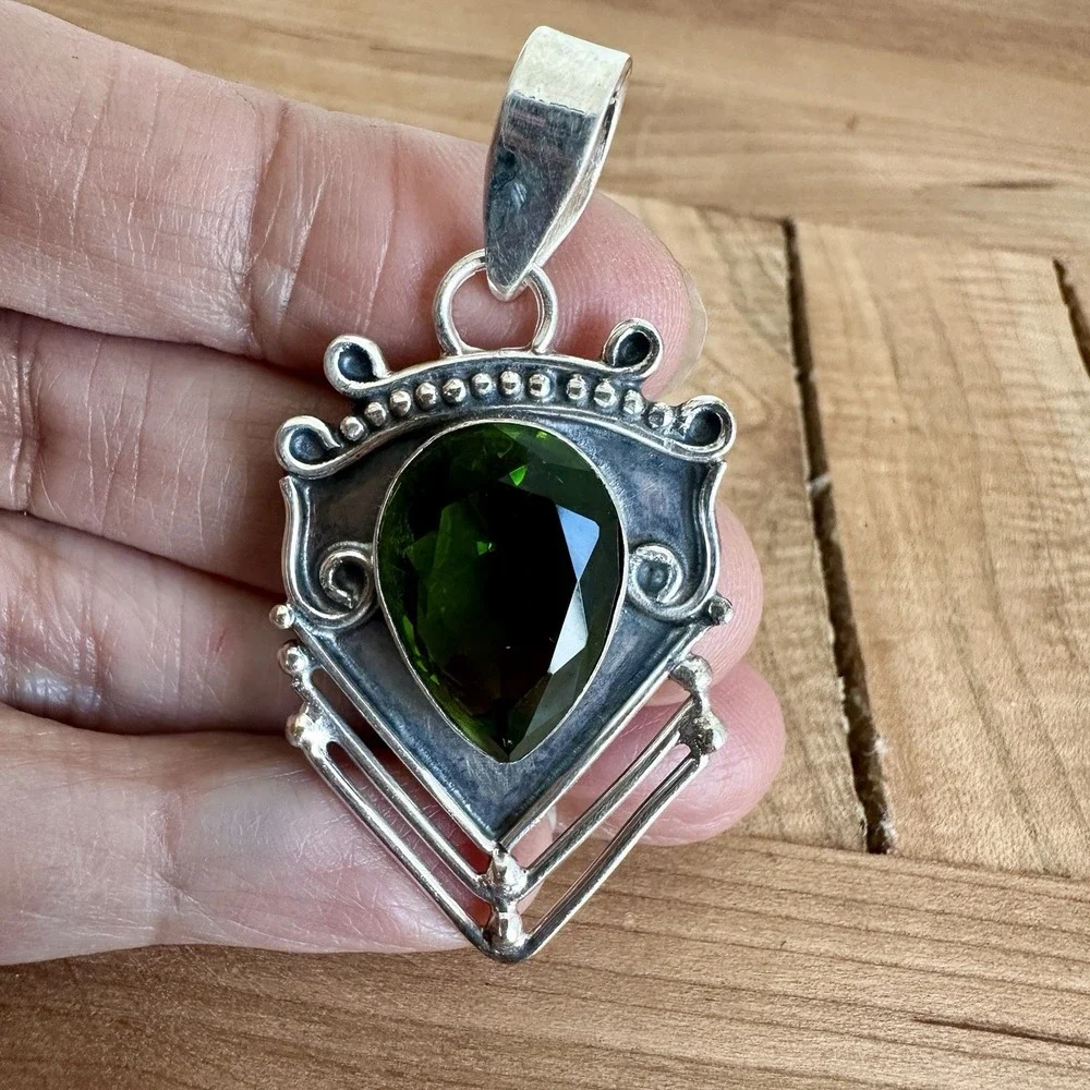 Vintage Brutalist Artisan Pendant 2 Inch Green Lab Peridot Gem 925 Sterling 7.7g
